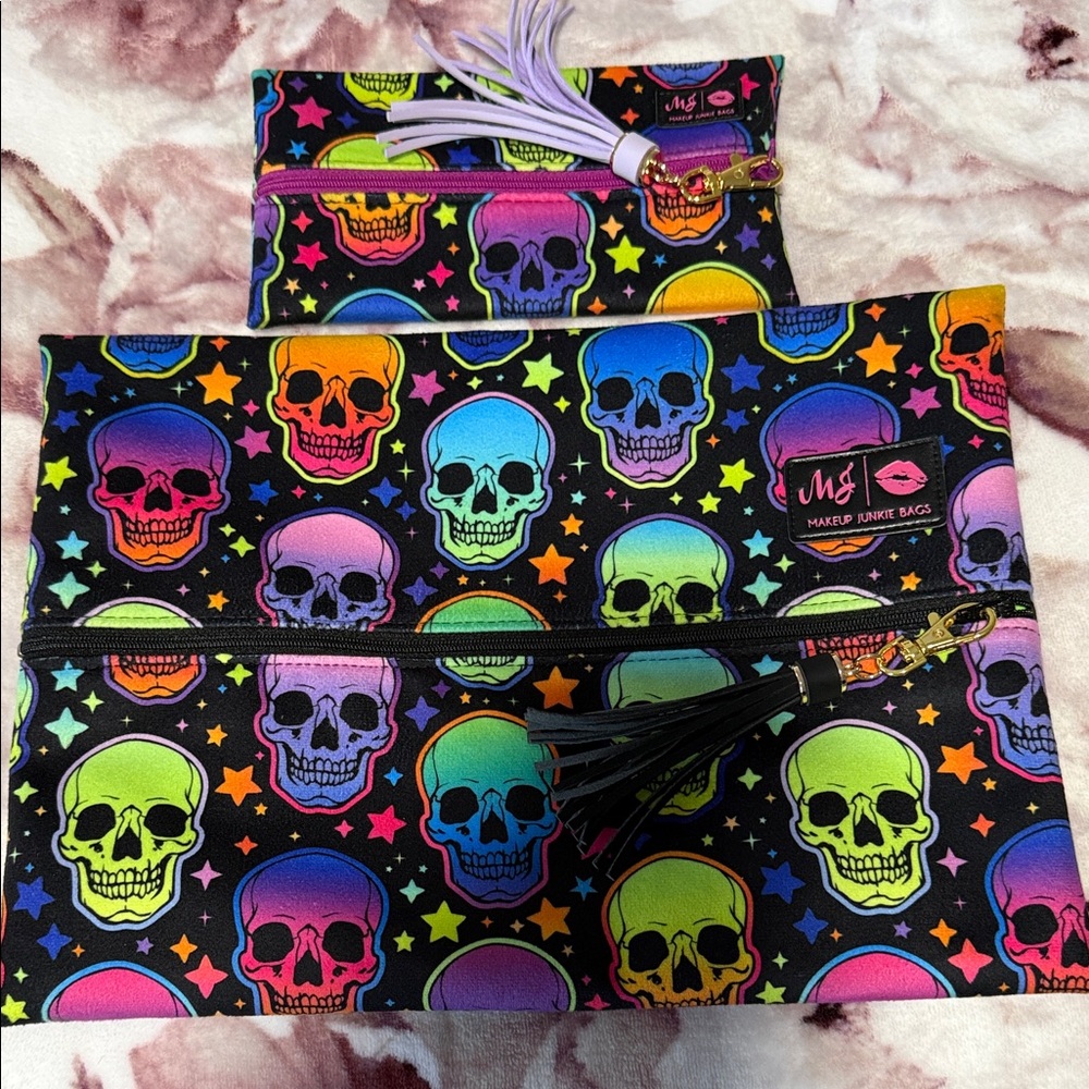 Makeup junkie 2 piece Colorful Skull Print Cosmetic Bag Set